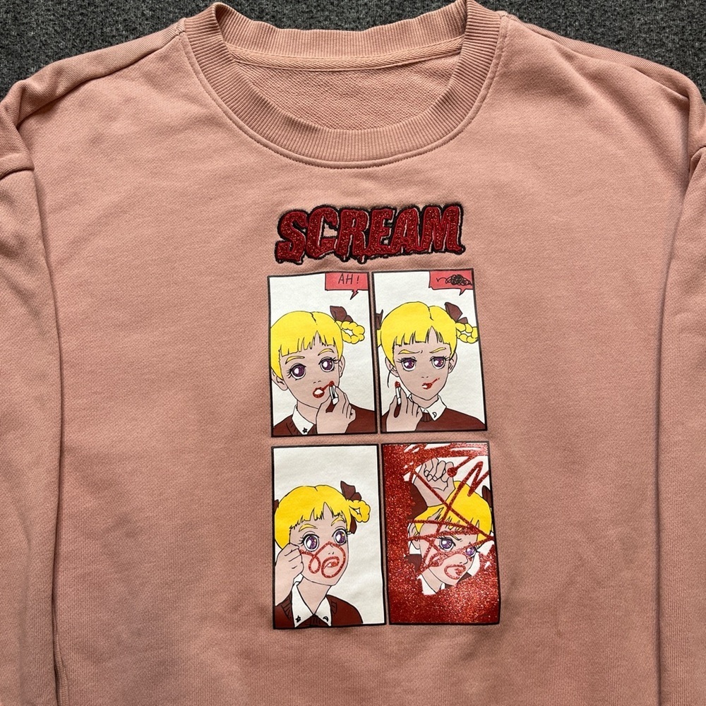 Pink and red crewneck sweatshirt with a unique anime style graphic in the front - Picture 3 of 6